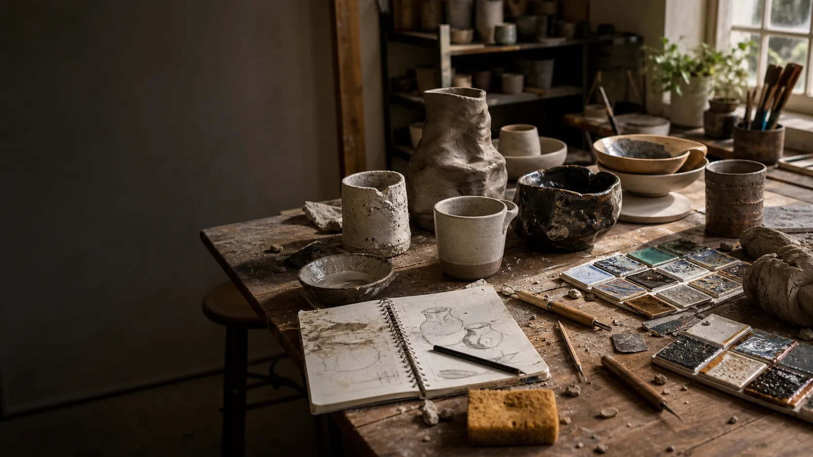 Warm ceramic studio worktable with sculptural vessels, rugged glaze test tiles, sketches, process photos, clay tools, and natural window light.