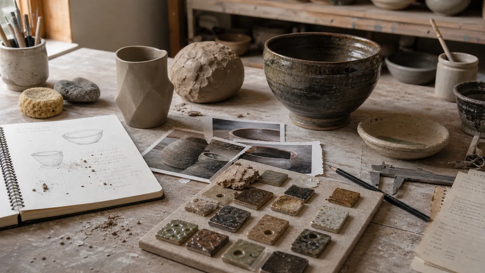 Ceramic studio table with sketches, glaze tests, clay, sculptural vessels, calipers, tools, and process photos arranged as a project record.